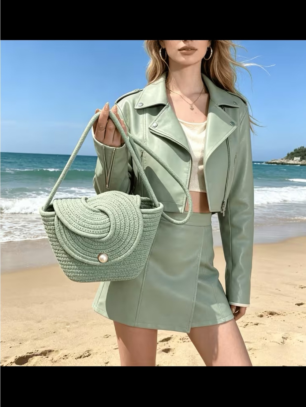 Mint Green Faux Leather Jacket & Mini Skirt Set with Woven Straw Bag